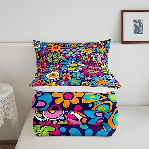 Miniatura 5 de Feelyou Juego de edredón de flores hippie retro, tamaño individual, 60S y 70S, Groovy edredón para adolescentes, dibujos animados, vintage, bohemio,