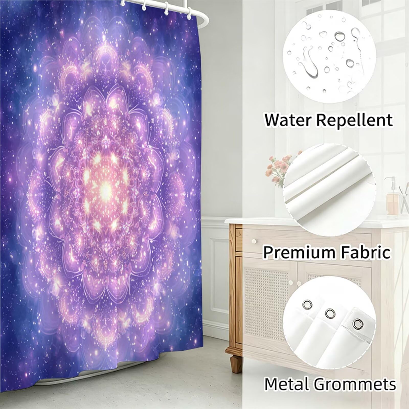 Lilla Tenda Doccia 180x180cm, Tenda per Doccia Tessuto Poliestere Impermeabile Asciugatura Rapida con 12 Anelli, Tende Finestra Bagno e Vasca Pieghevole per Angolare Casa Shower Curtain Mandala J-598