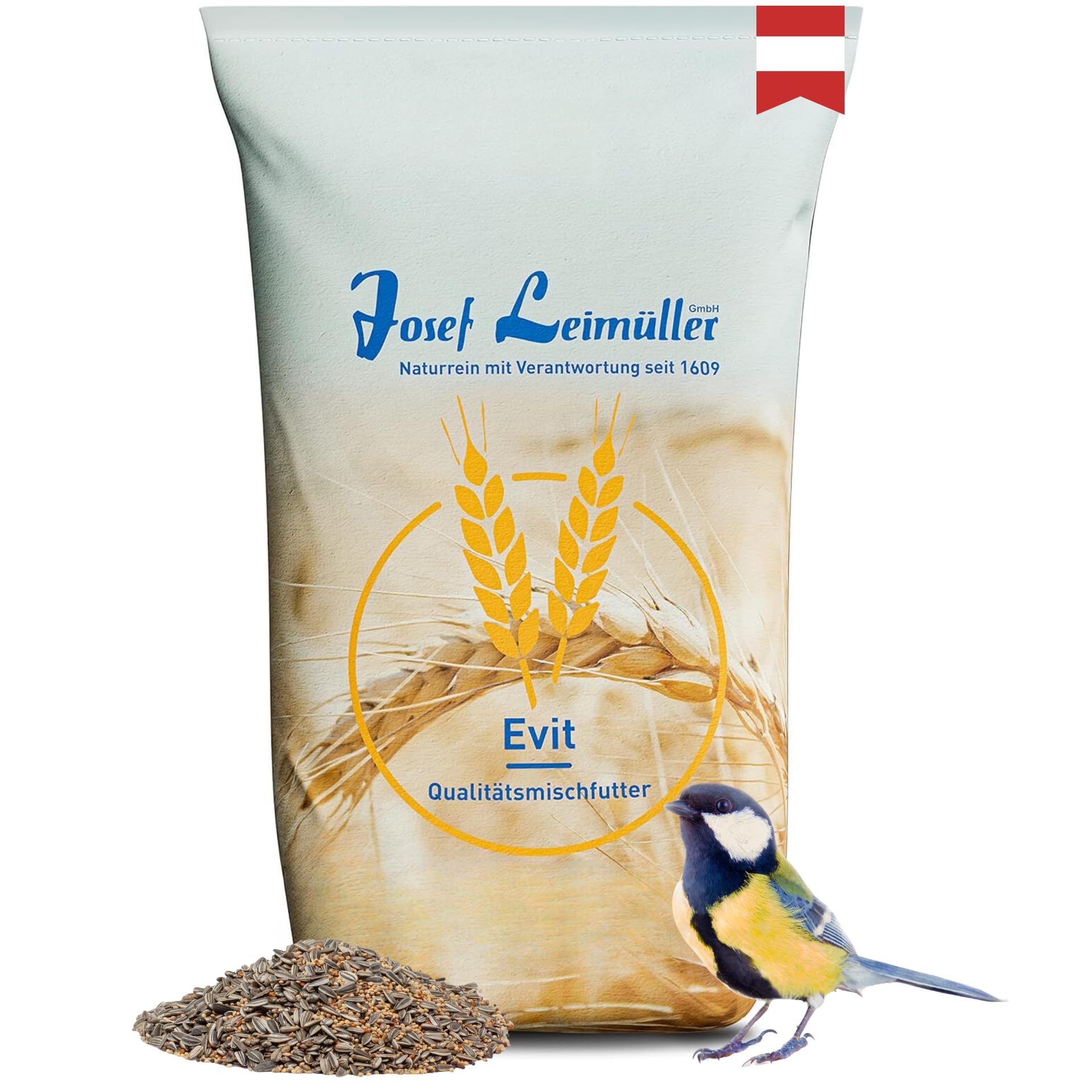 Leimüller Wildvogelfutter 25kg Premium ohne Weizen Wildvögel Gartenvögel | Mit Sonnenblumenkerne, staubfrei, ohne Zusatzstoffe, für Wildvögel, Ganzjahresfutter