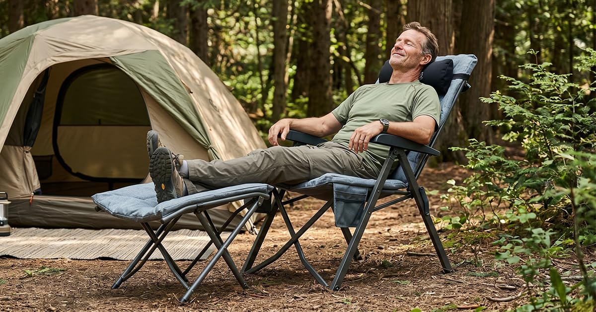EVER ADVANCED Campingstuhl Set mit Fußstütze & Nackenkissen – 4-Fach Verstellbarer Campingstuhl mit 6cm Polsterung, Hochlehner Faltstuhl für Garten, Terrasse & Camping, Ergonomisch & Stabil