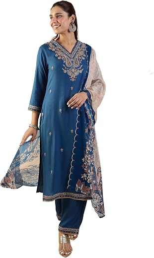 INDO ERA Women's Rayon Viscose Rayon Embroidered Straight Kurta &amp; Pant with Dupatta Set
