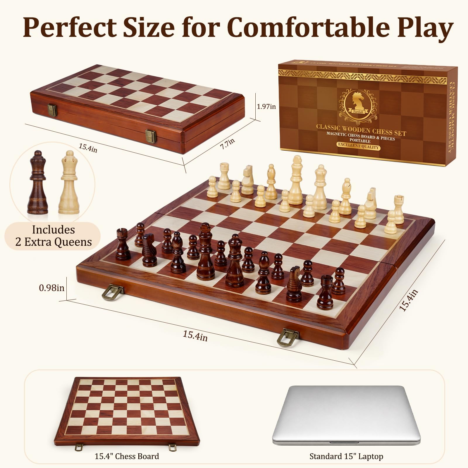 Magnetisches Schach-Set aus Holz für Erwachsene und Kinder, handgefertigt, faltbar, mit individuellen Aufbewahrungsfächern, 2 zusätzlichen Königinnen, tragbares Reise-Schach-Set, Heim- und
