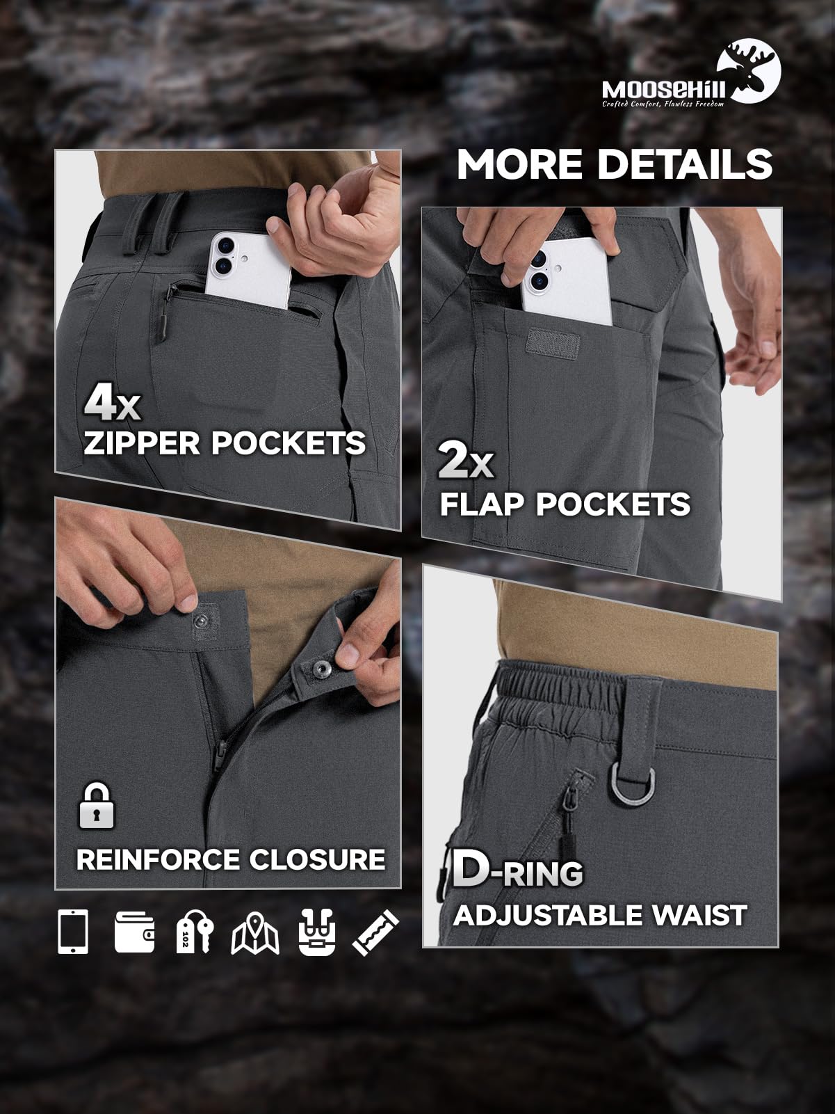 Moosehill Hiking Pants Men Breathable: Mesh Vents Lightweight Quick Dry Water Resistant Stretch 6 Pockets for Outdoor Hikers — view 9