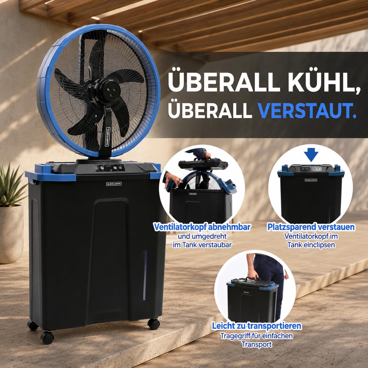 Olsen & Smith 16 Zoll Standventilator mit Wasserkühlung, Akku, Leise | Luftkühler & Ventilator mit Kühlung, 2,2 L Wassertank, Oszillation, Fernbedienung, Rollen, Garten Terrasse & Balkon, Blau