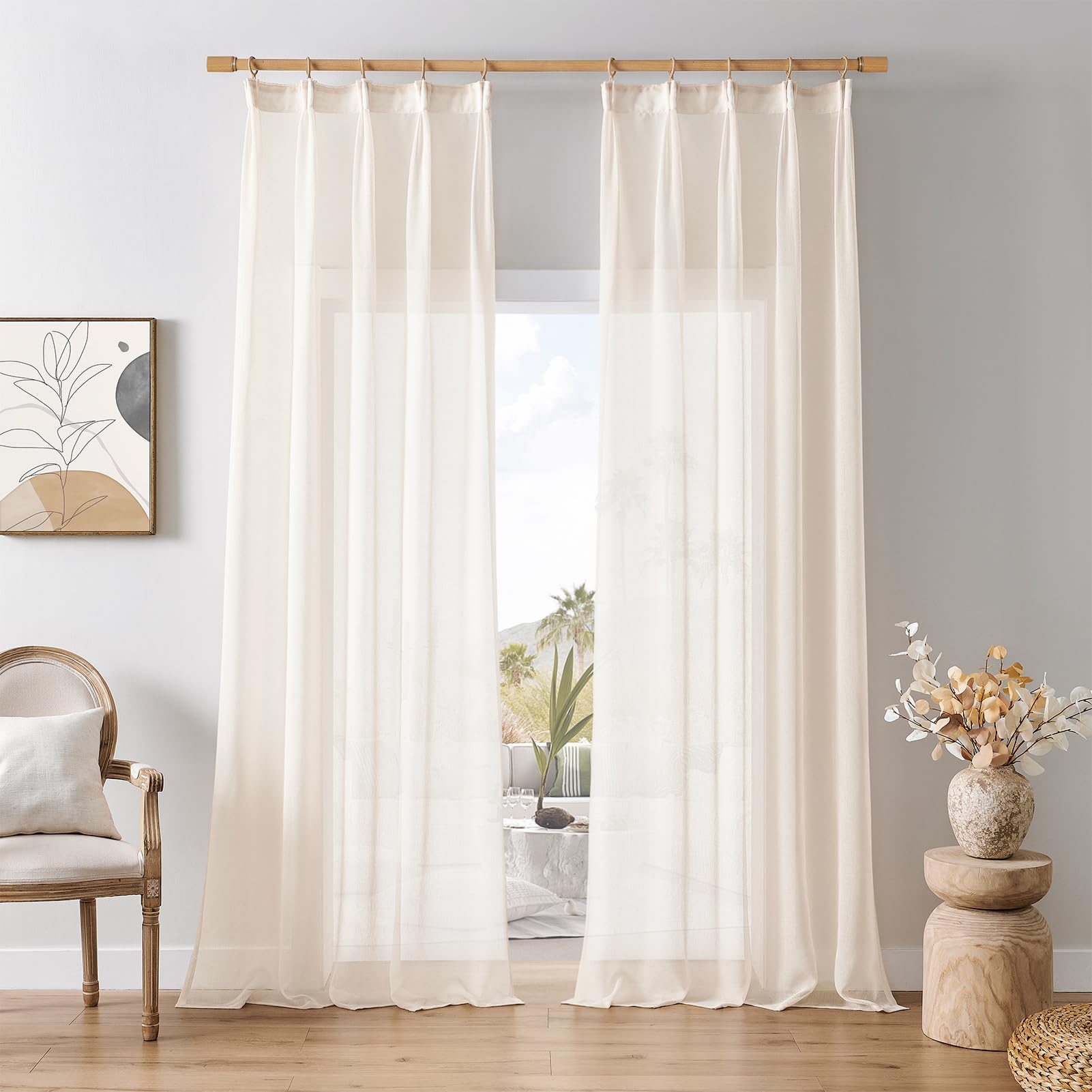 Voilages effet lin beige 240x140 cm pour illuminer doucement la chambre