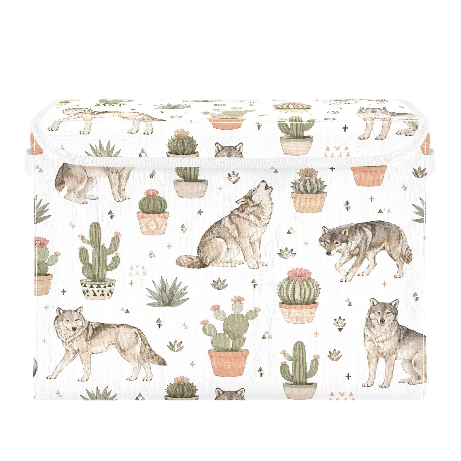 Ewusp Wolf Fabric Storage Bin with Lid, Decorative Foldable Storage Basket with Handles, Stackable Closet Shelf Organiser Box for Clothes, Books, Bedroom, Living Room