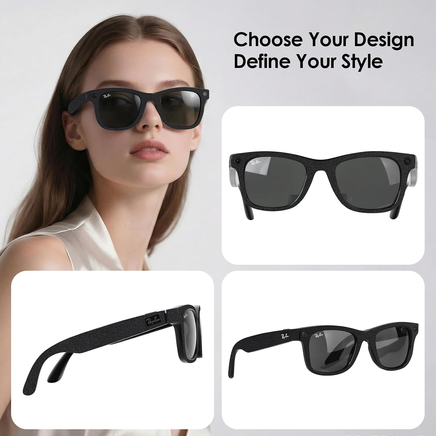 Glasses Frame Skins Stickers for Ray-Ban Meta Wayfarer Gen1/Gen2 Standard, Premium 3M Vinyl Protective Wrap Decal Cover, Compatible with RW4006 and RW4012 (2 Pieces-Granular Black, Standard (50□22))