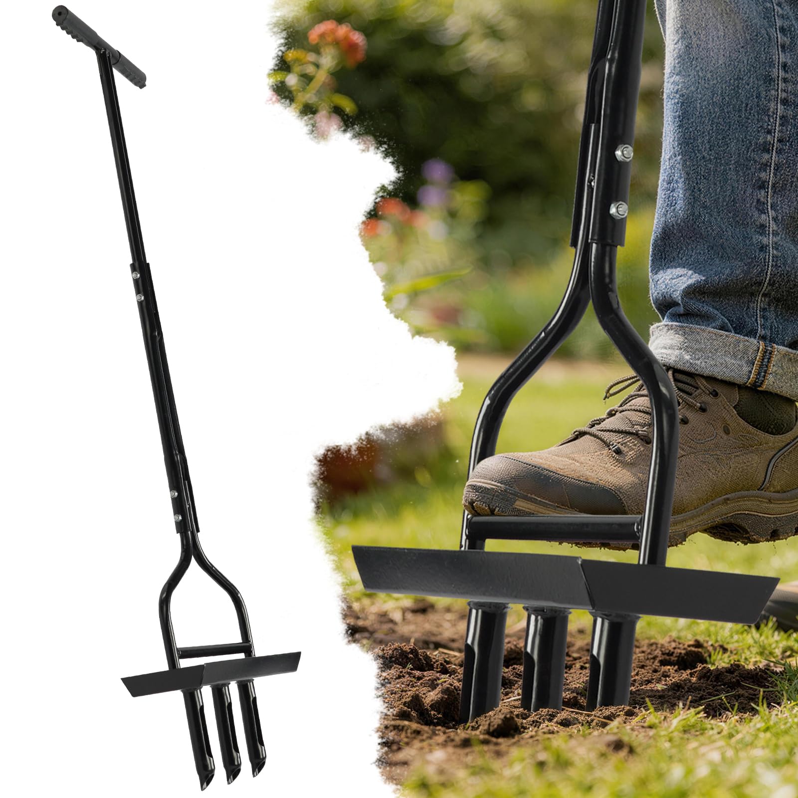 Outopee Hollow Tine Lawn Aerator, 3-Tine For Garden Drainage