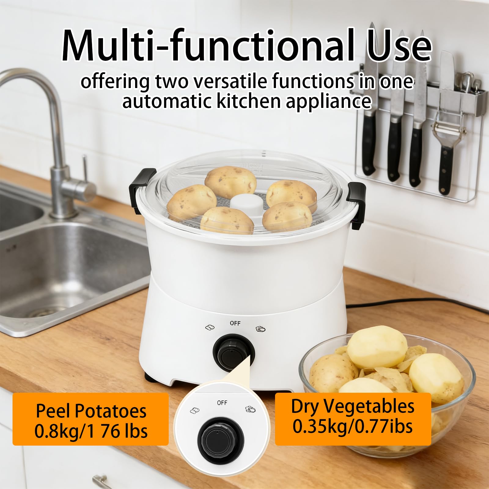 Pelador de patatas eléctrico, capacidad de 800 g, máquina giratoria peladora automática con accionamiento de un solo botón, función de deshidratador de verduras y bloqueo de seguridad B