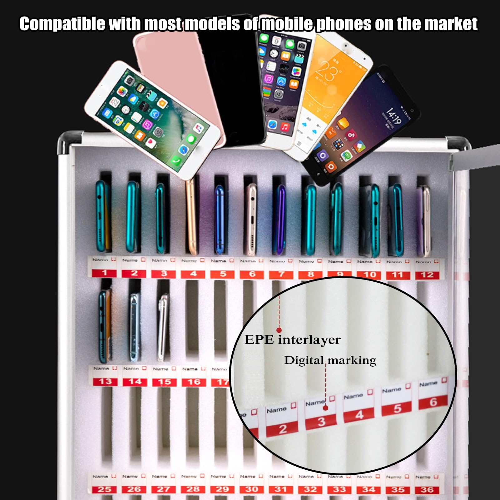 Contenitore per cellulari in lega di alluminio con ruote - Armadietto con 72 scomparti per cellulari, ideale per l'organizzazione in scuole e uffici, soluzione resistente e portatile per una conserv