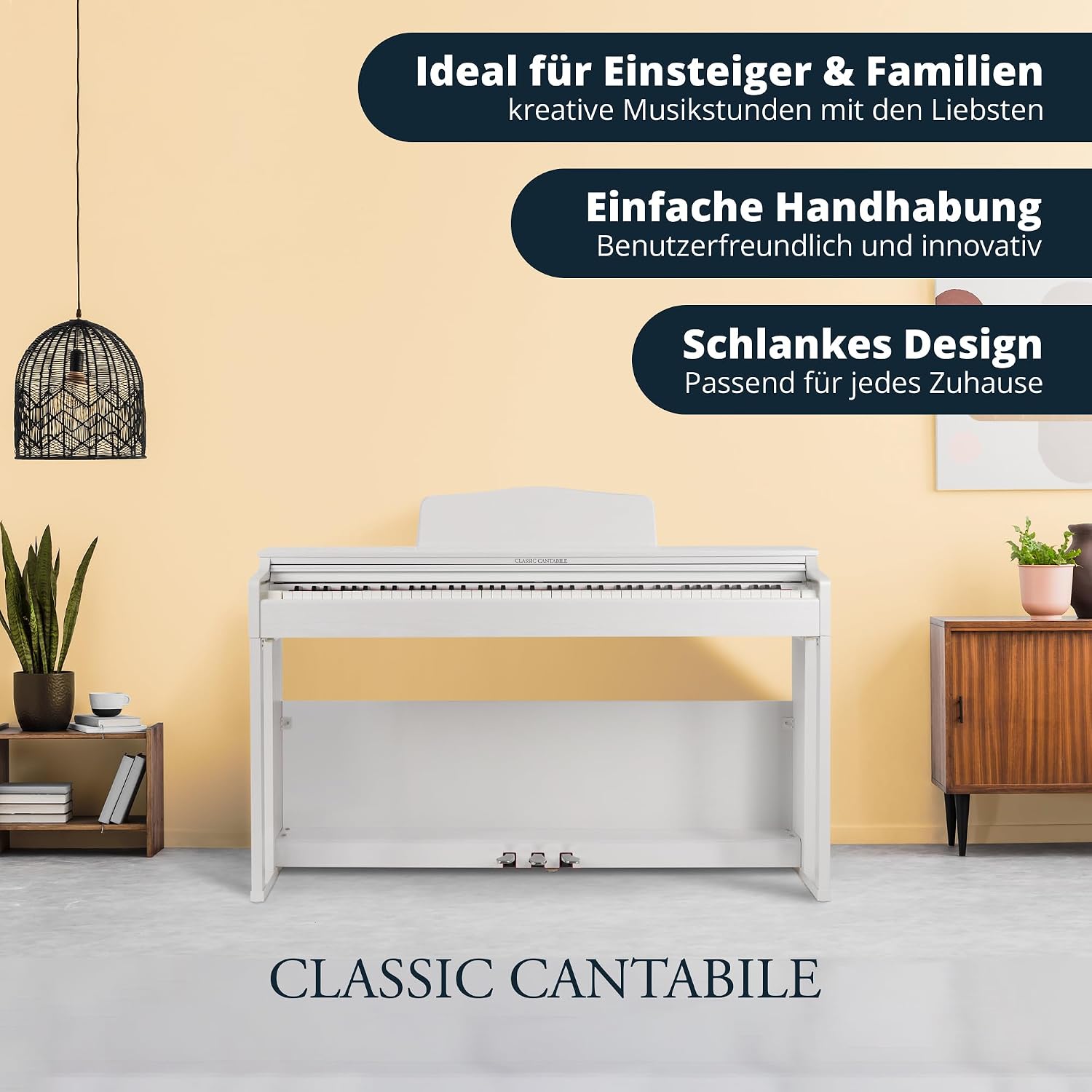 ముందు view of the Classic Cantabile DP-230 Digital Piano in matte white, showing the full keyboard, music stand, and pedal unit.