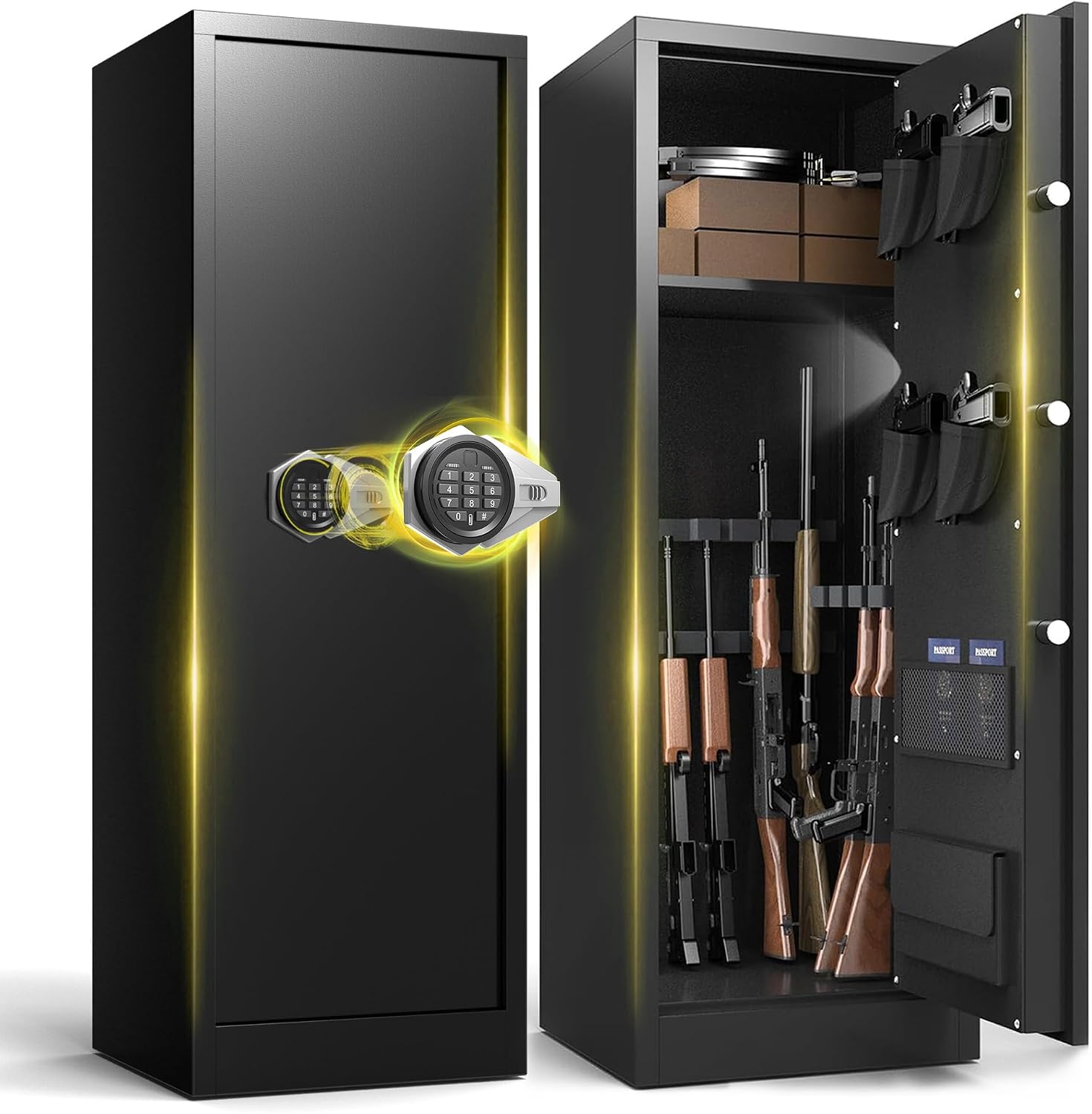10-12 Gun Safe, Large Rifle Safe for Rifles & Shotguns, Heavy Duty Long Gun Cabinet with Keyboard Access, LED Light, Dual Alarm, Removable Shelf & Adjustable Rifle Rack，Assembly required