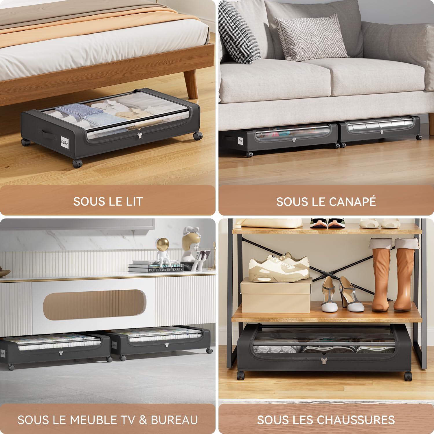 PHINOX Lot de 2 tiroirs de rangement sous lit avec roulettes, conteneurs de rangement sous lit avec couvercle transparent, tiroirs de rangement sous lit en tissu et cadre métallique pour vêtements