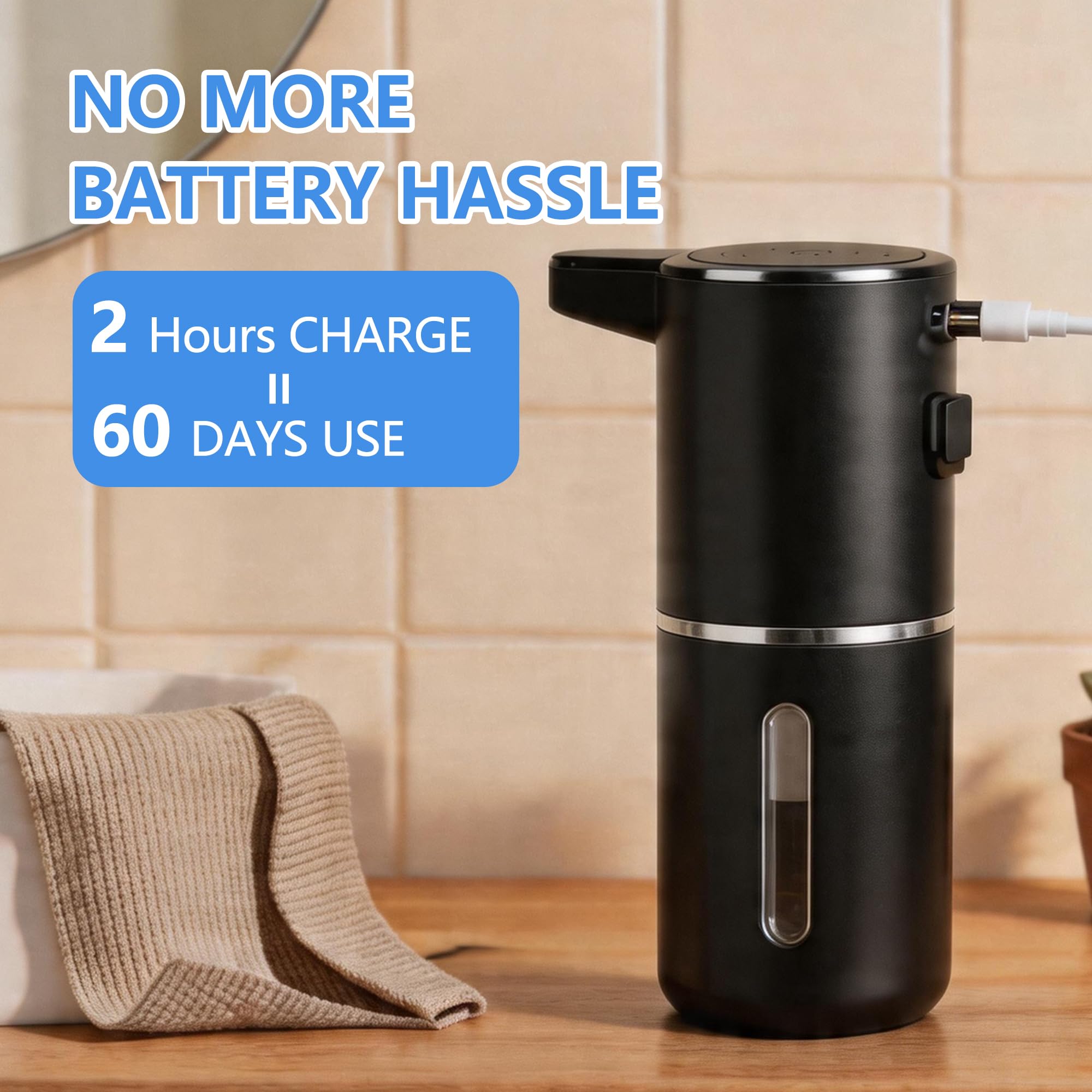 Paquete de 2 dispensadores automáticos de jabón de espuma, dispensador de jabón de manos inteligente recargable por USB con 4 niveles ajustables, 380 ml, montado en la pared o encimera, IPX5