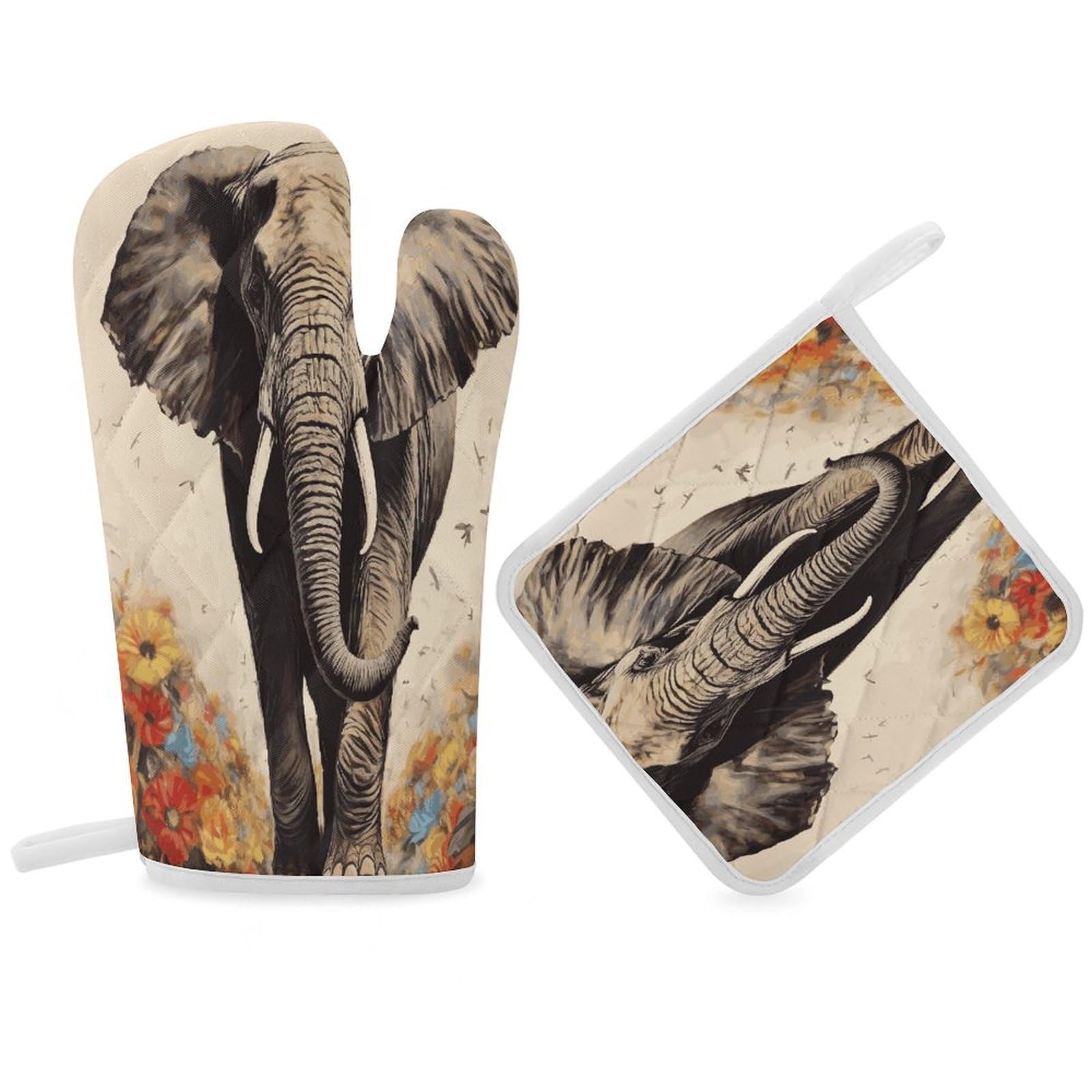 Fodpand Women's Style Elephant Painting Oven Mitts And Pot Holders Sets,Oven Gloves For Kitchen Oven Mitts And Potholders For Baking Cooking Grilling Apartment Essentials