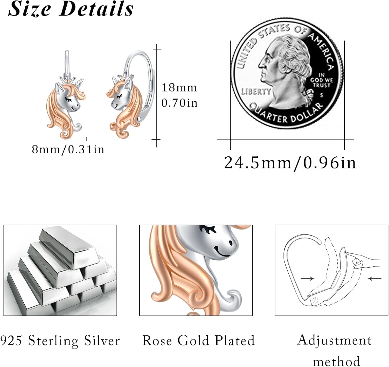 TUGHRA Unicorn Earrings for Women 925 Sterling Silver Leverback Cute Dainty Rose Gold Unicorn Jewelry Hypoallergenic Earrings for Sensitive Ears