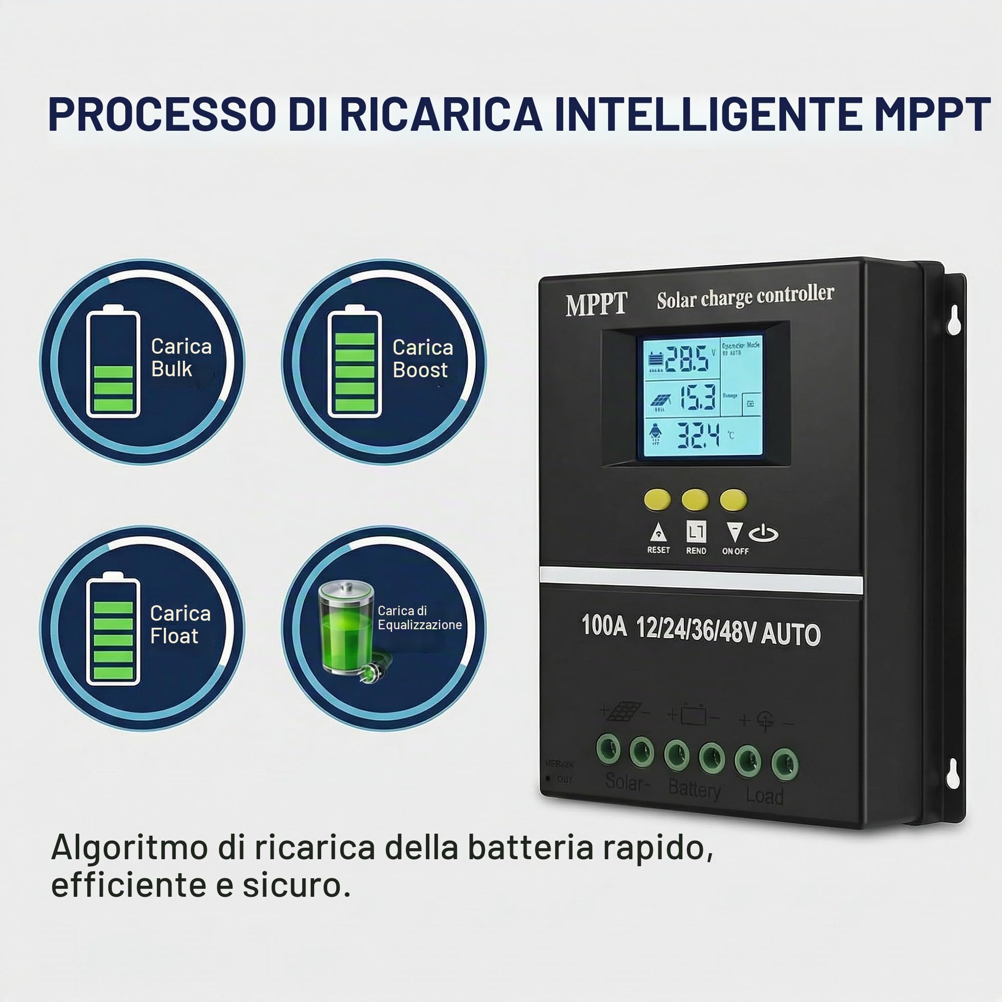 Caricabatterie MPPT da 100 A, controller batteria solare 100 A, 12/24/36/48 VBlei-batteria e batteria al litio, display LCD, design impermeabile