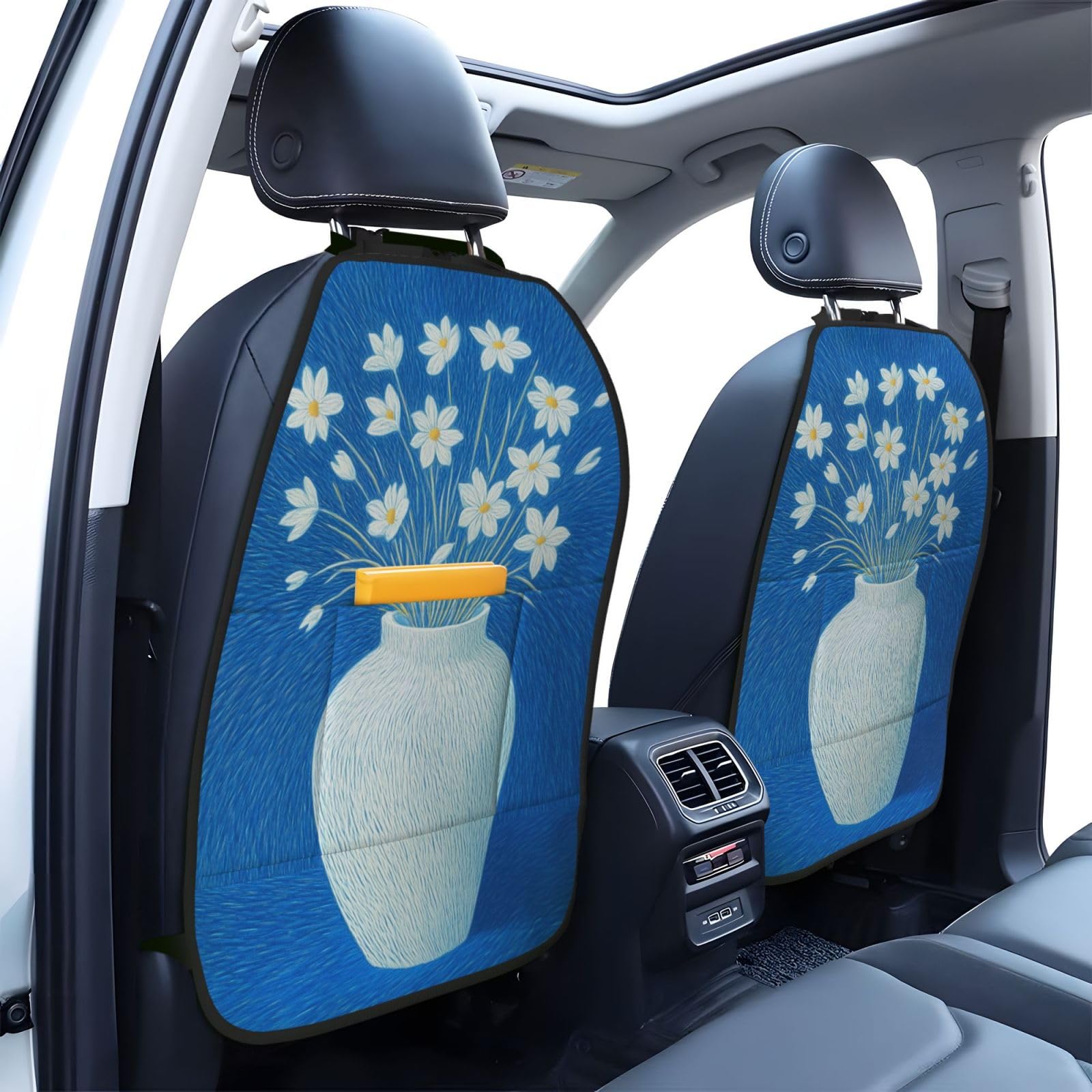 Abstract White Flowers In Moon Jar Car Seat Back Kick Protectors,2 Pack Kick Mats With Storage Pockets For Vehicles To Protect From Dirt Mud Scratches