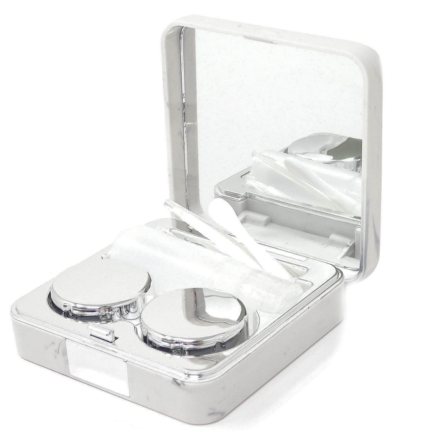 Honbay Fashion Marble Contact Lens Case Portable Contact Lens Box Kit with Mirror (Square) (Silver)