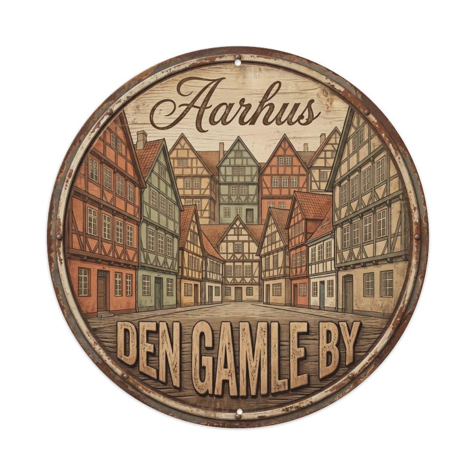 Vintage Travel Aarhus Denmark Artwork Metal Tin Sign Plaque Wall Decor for Cafe, Club, Garden Round Metal Poster 8x8Inch
