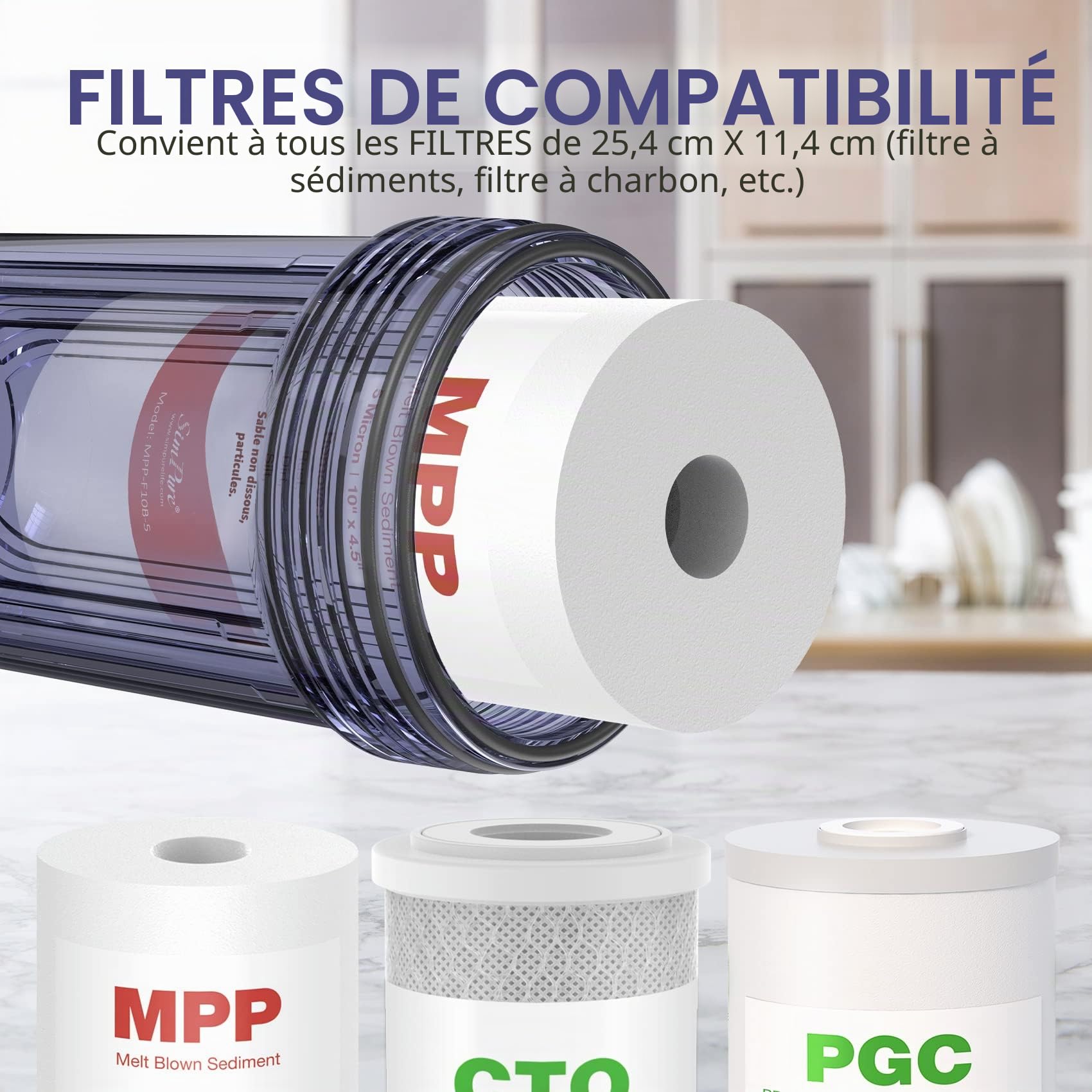 SimPure DB10C Système de Filtration d'eau Domestique avec Support de Fixation et Clé, pour Toute la Maison, Taille 10" x 4,5", Entrée/Sortie 1"