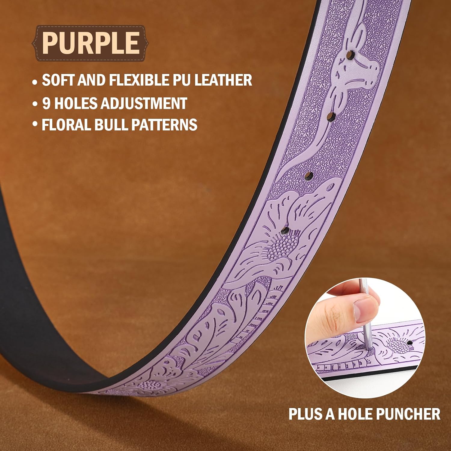 Western Leather Belt Strap without Buckle for Women Men Retro 1.5" Wide Floral Engraved Cowboy Cowgirl Belts for Jeans