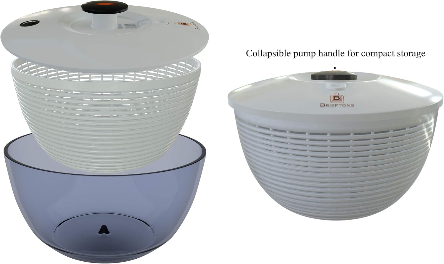 Brieftons QuickDry Salad Spinner: Large 6.2 Quart Lettuce Greens Washer Dryer Drainer Crisper Strainer, Easy One-Handed Pump Operation, Compact Storage, Perfect for Washing & Drying Leafy Vegetables