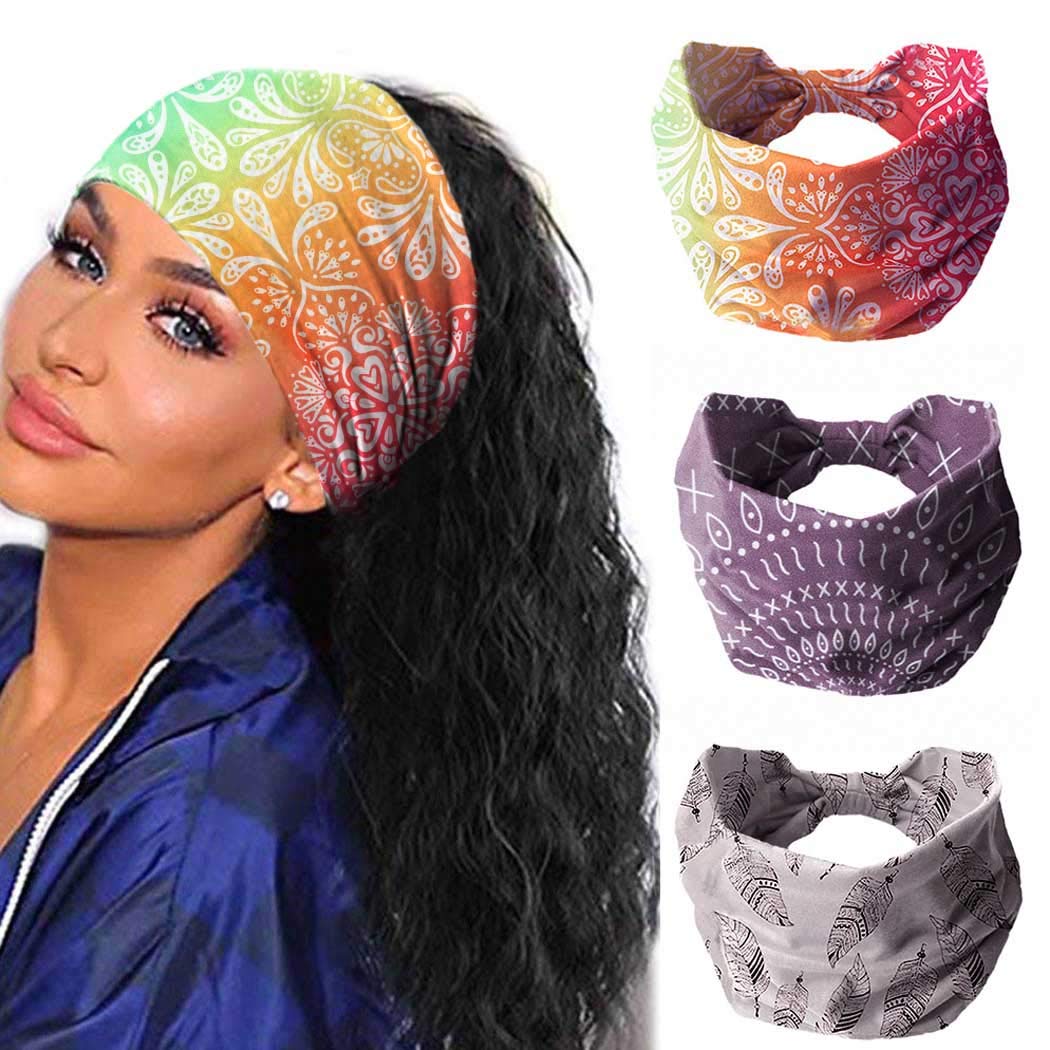 CAKUREBoho Headbands Wide Turban Knotted Head Bands African Head Wraps Yoga Hairbands Hair Scarf Elastic Hair Accessories for Women and Girls Pack of 3