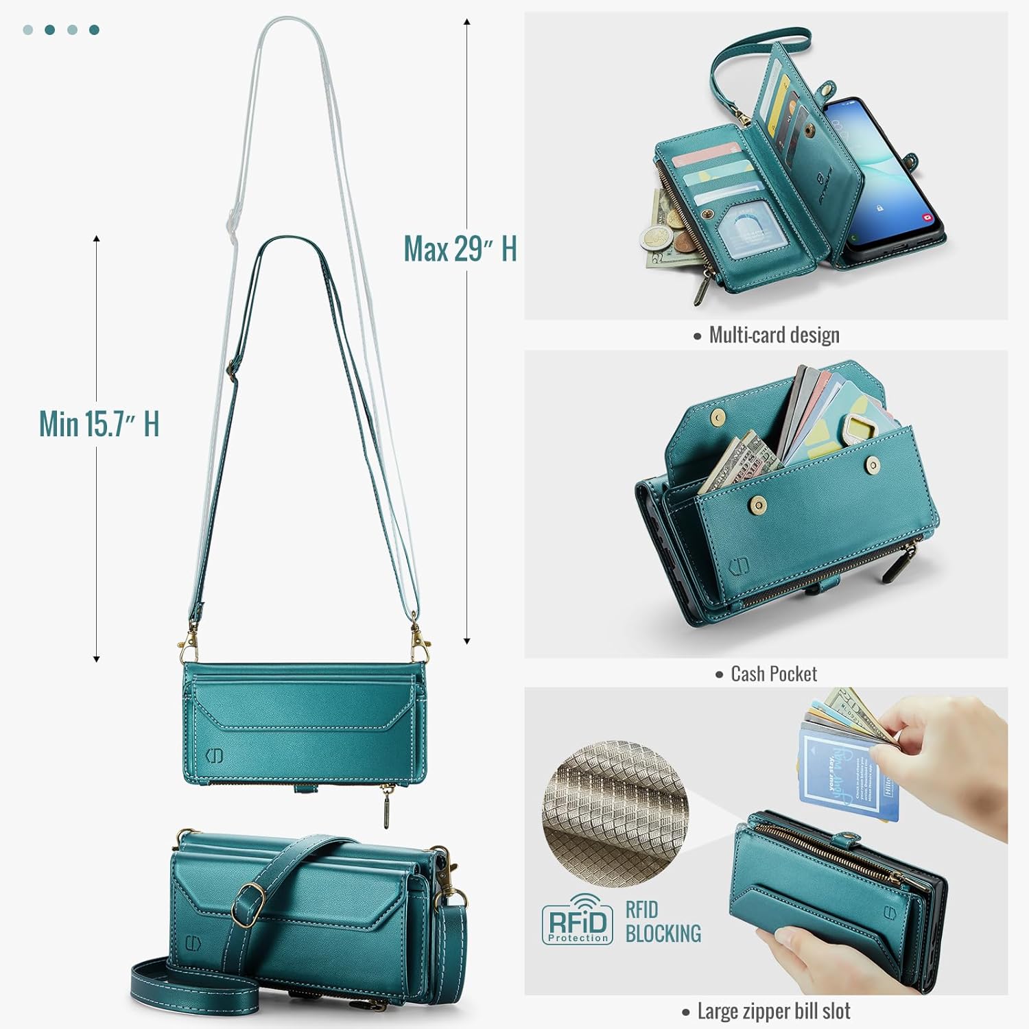 Strapurs Wallet Case Compatible with Samsung Galaxy A17 5G RFID Blocking Card Holder Soft PU Leather Magnetic Snap Shoulder Strap Zipper Pocket Phone Case Fit for Galaxy A17 6.7" - Bluegreen