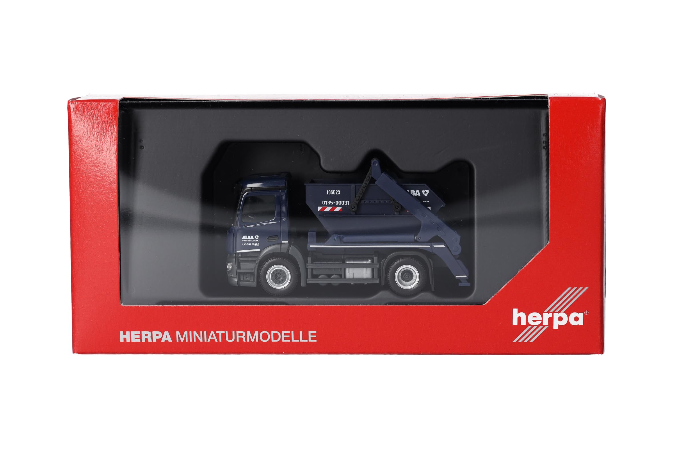 Herpa model ciężarówki Mercedes-Benz Actros S wywrotka hakowa AK12 „ALBA”, miniatura w skali 1:87, model kolekcjonerski, Made in Germany, tworzywo sztuczne