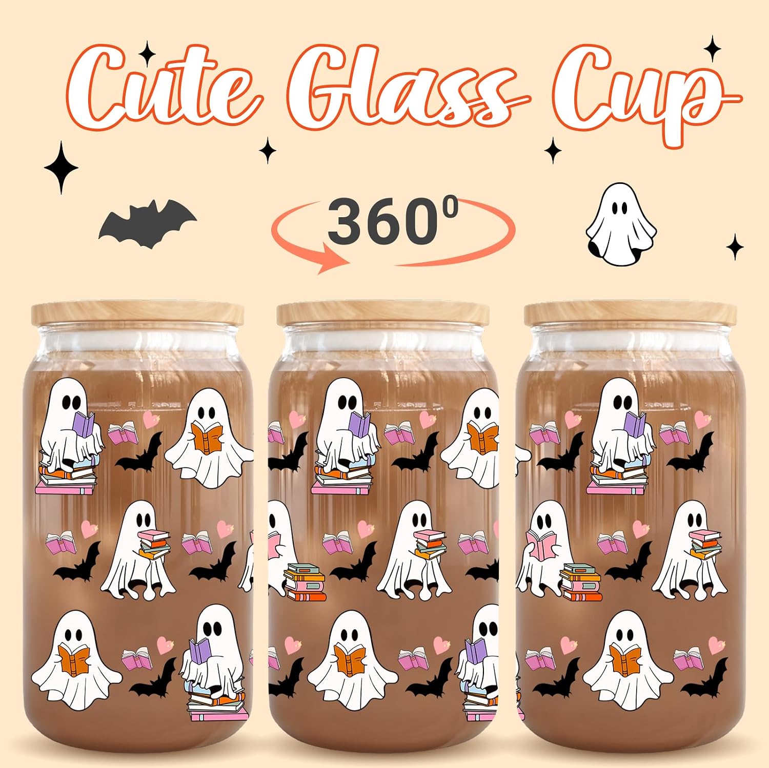 Ghost Glass Cup 16oz with Lid and Straw, Bookish Halloween Gifts for Women