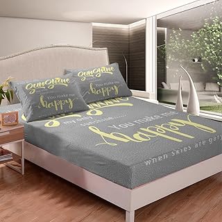 Kids Sunshine Fitted Sheet You are My Sunshine Bed Sheet Set for Children Teens BedModern Abstracr Art Bedding Set Grey Bedspread Cover Queen Size with 2 Pillow Case
