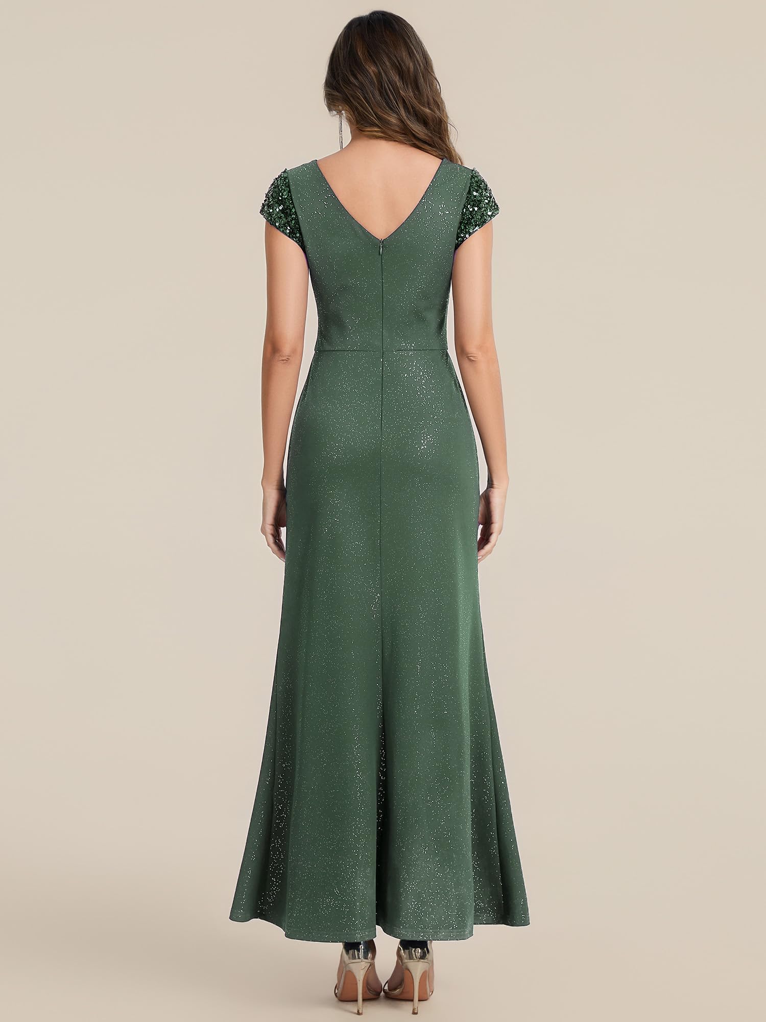 Ever-Pretty Abito da Sera Lungo Aderente Collo a V con Paillettes Maniche Corte EE02657