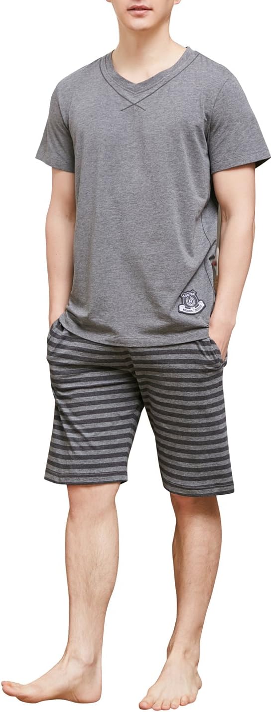 HACAI Men's Pajama Set Soft Cotton Short Sleeve Summer Sleepwear