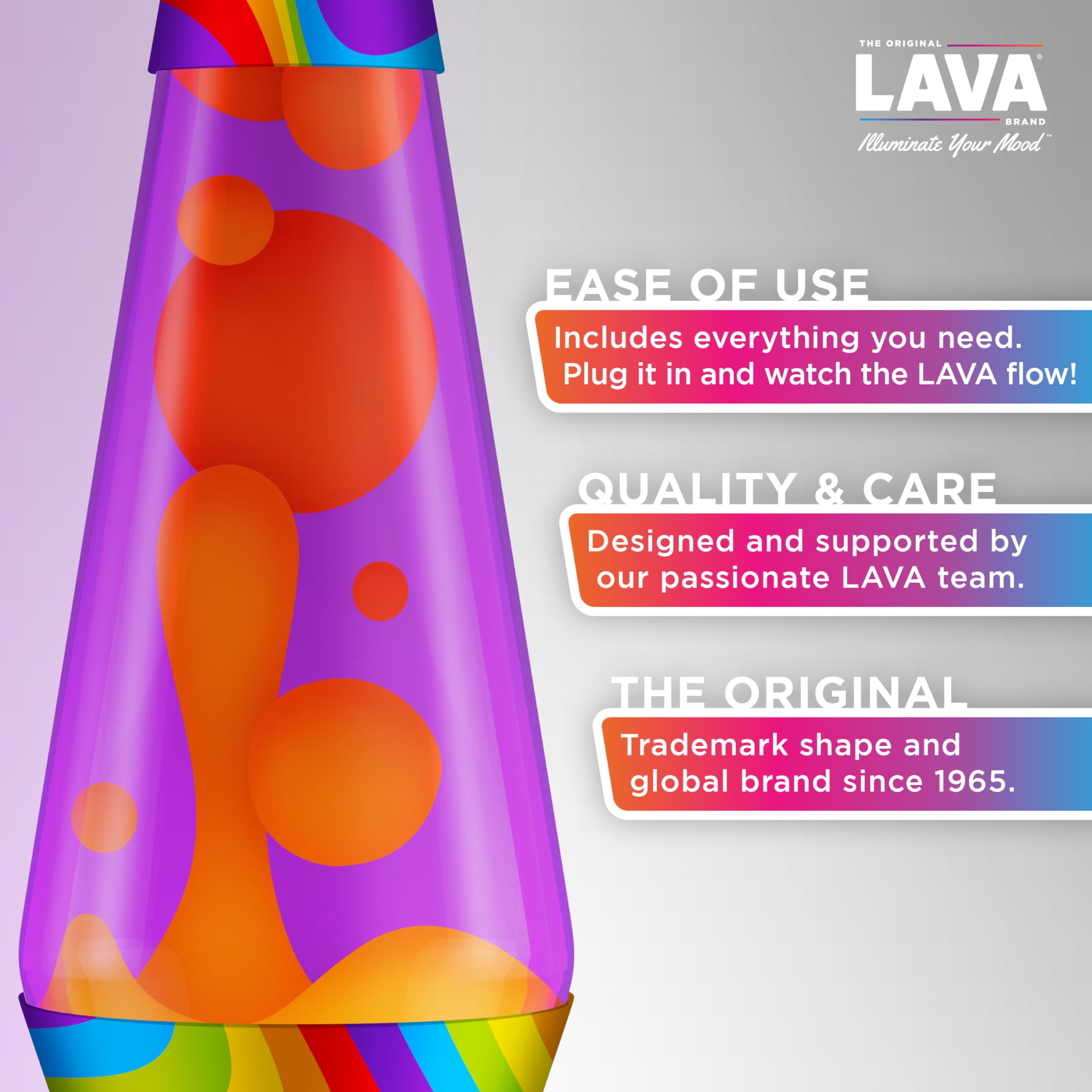 LAVA Lampe - 36.8 cm Fließende Farbe - Die Original Motion Lampe - Orange und Lila Flüssigkeit mit bedrucktem Sockel - Artikel #2090, Regenbogen - 1