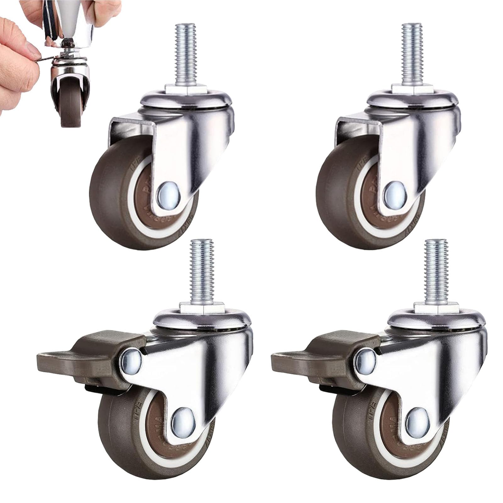 Ruote per Mobili, 4 pezzi M6x15mm con Filettatura in Ruote Girevole in Gomma, 25mm Ruota per Mobili Set, 360° Ruota Girevoli Silenziose con 2 Freno e 2 Senza Freni, per Carrello, Banco da Lavoro