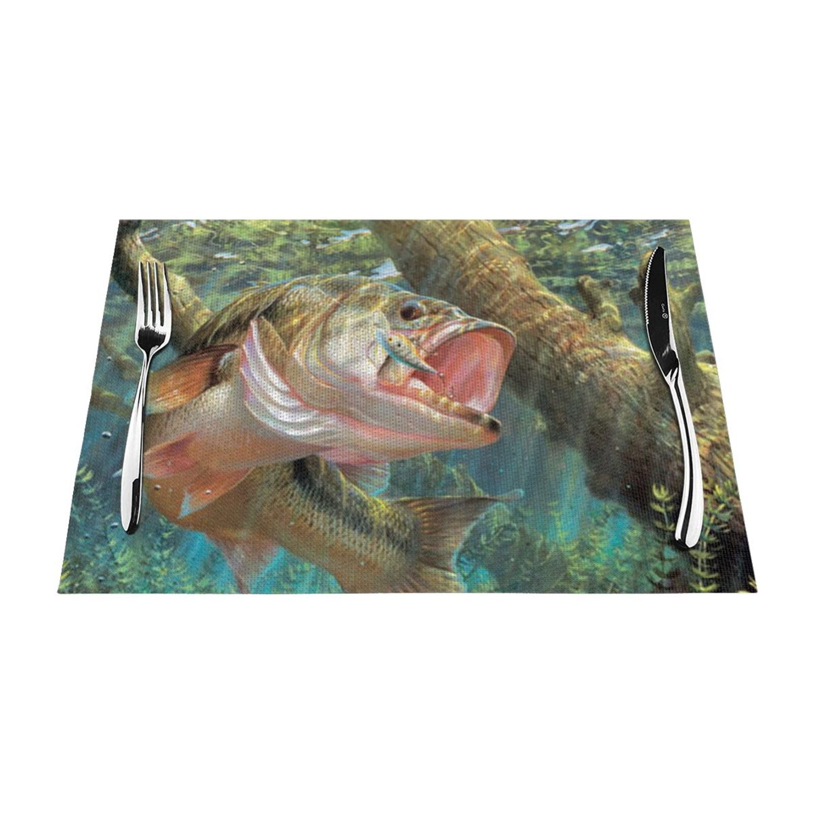 PVC Placemat Set of 1 PCS, 45x30 CM, Bass Fishing Wave Printed Non-Slip Heat Resistant Place Mats for Kitchen Dining Table Indoor Outdoor