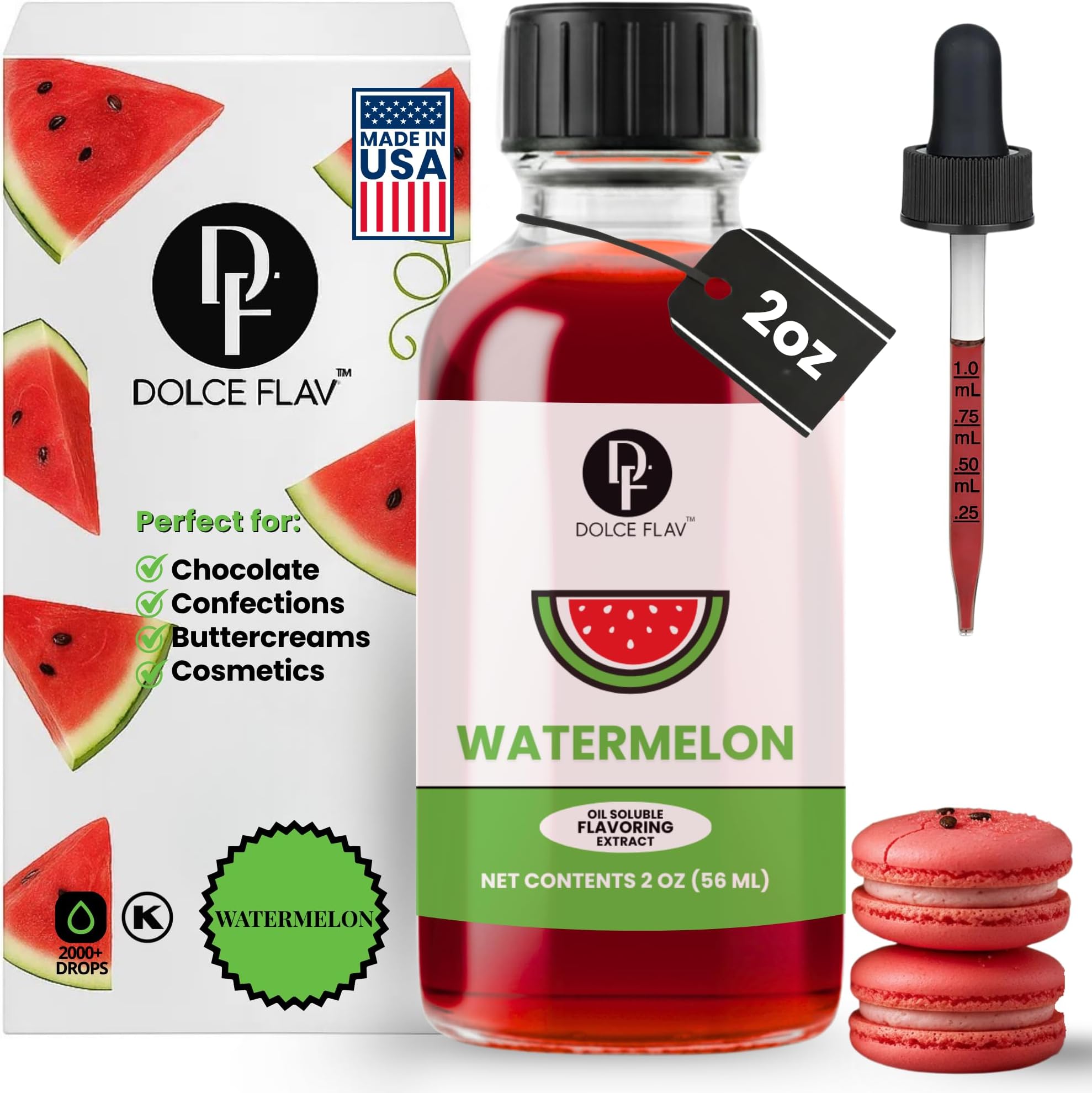 Dolce Flav Watermelon Extract – 2 Ounce Oil-Soluble Kosher, Sugar-Free, Concentrated Juicy Watermelon Flavoring for Baking, Chocolates & Desserts, Includes Measured Dropper
