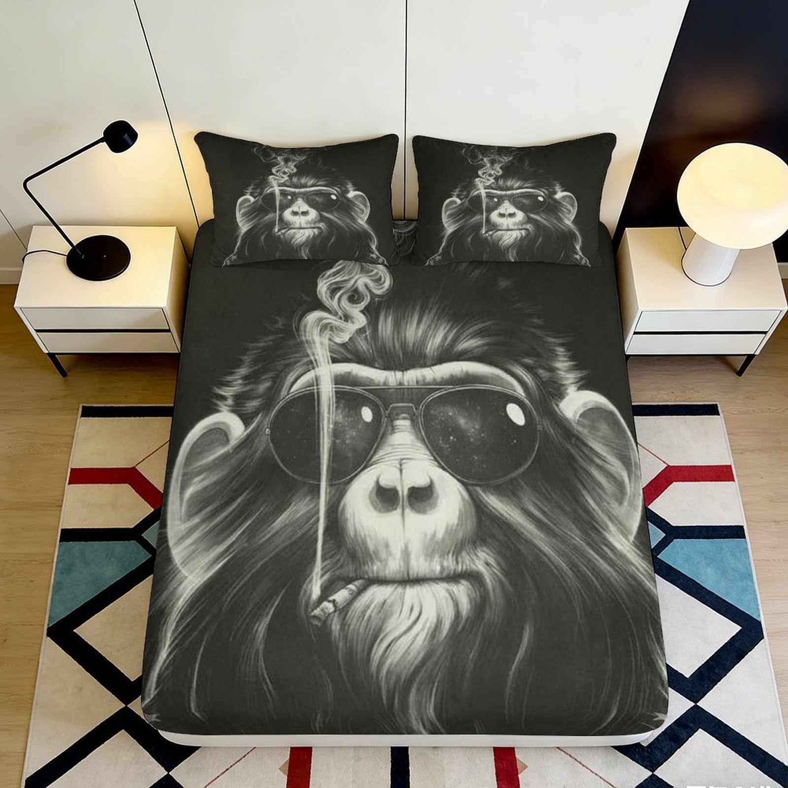 3D Printed Cool Monkey Fitted Sheet Microfiber Black Smoke Sunglasses Mattress Cover for Bedroom Dorm Bed Decor 120x200cm 90x200x25cm