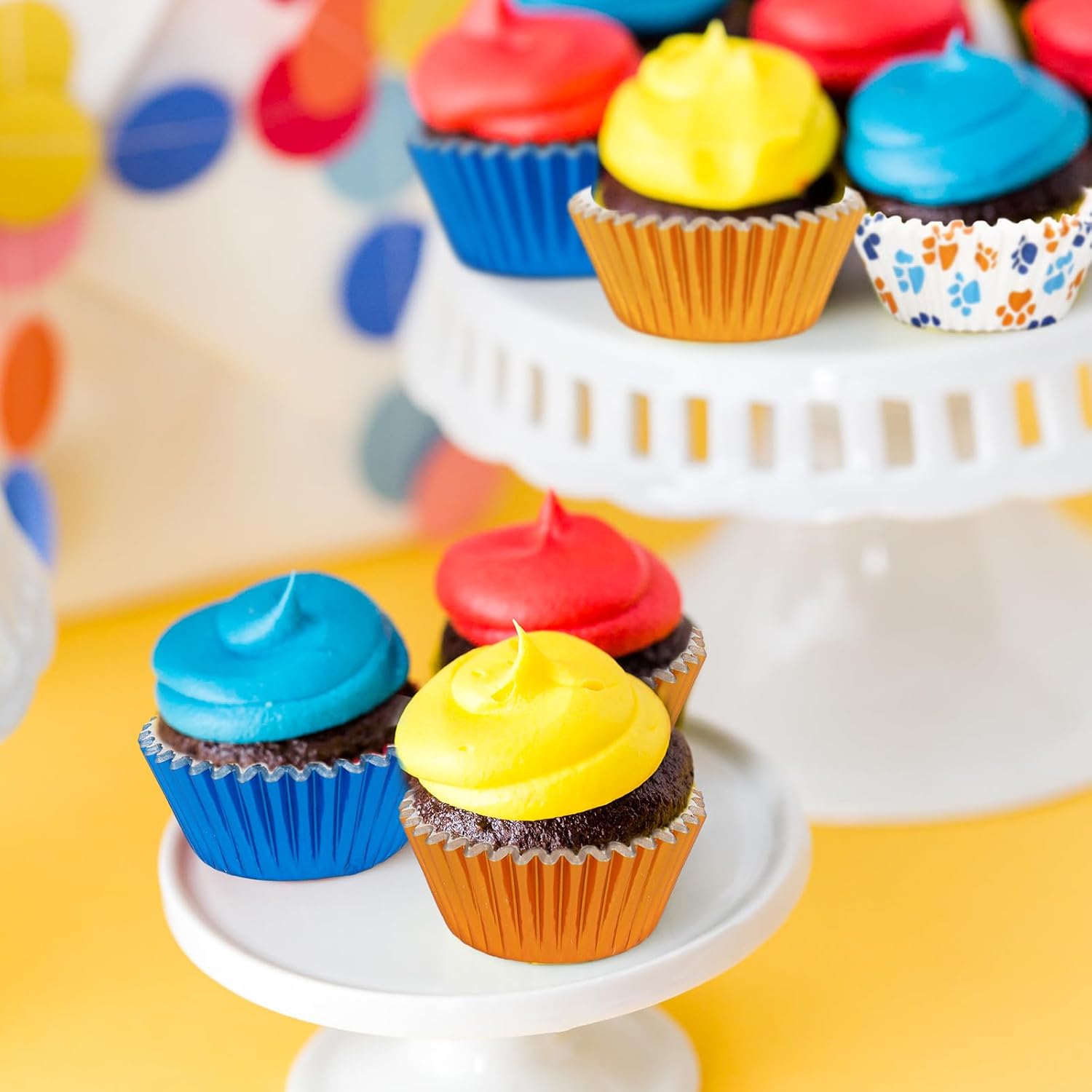FYSUIMU 300Pcs Paw Cupcake Liner Blue Orange Foil Baking Cup Dog Paw Paper Muffin Liner Cake Storage Container for Birthday Baby Shower Party DIY Crafts Supplies