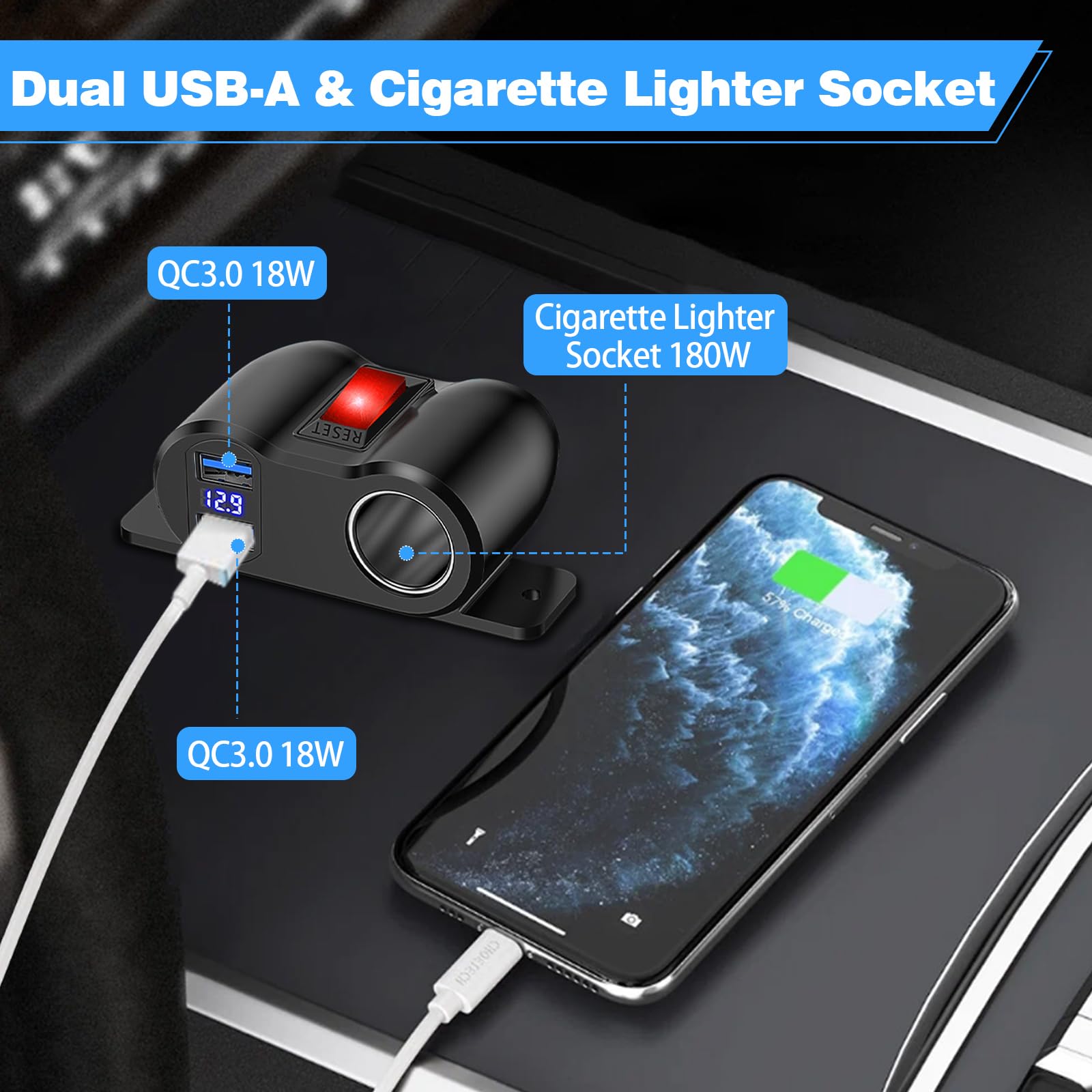 Presa USB Accendisigari 12V/24V Con QC3.0 E Voltmetro - Splitter Auto 120W Con Interruttore E Doppia Porta Di Ricarica Rapida - 2