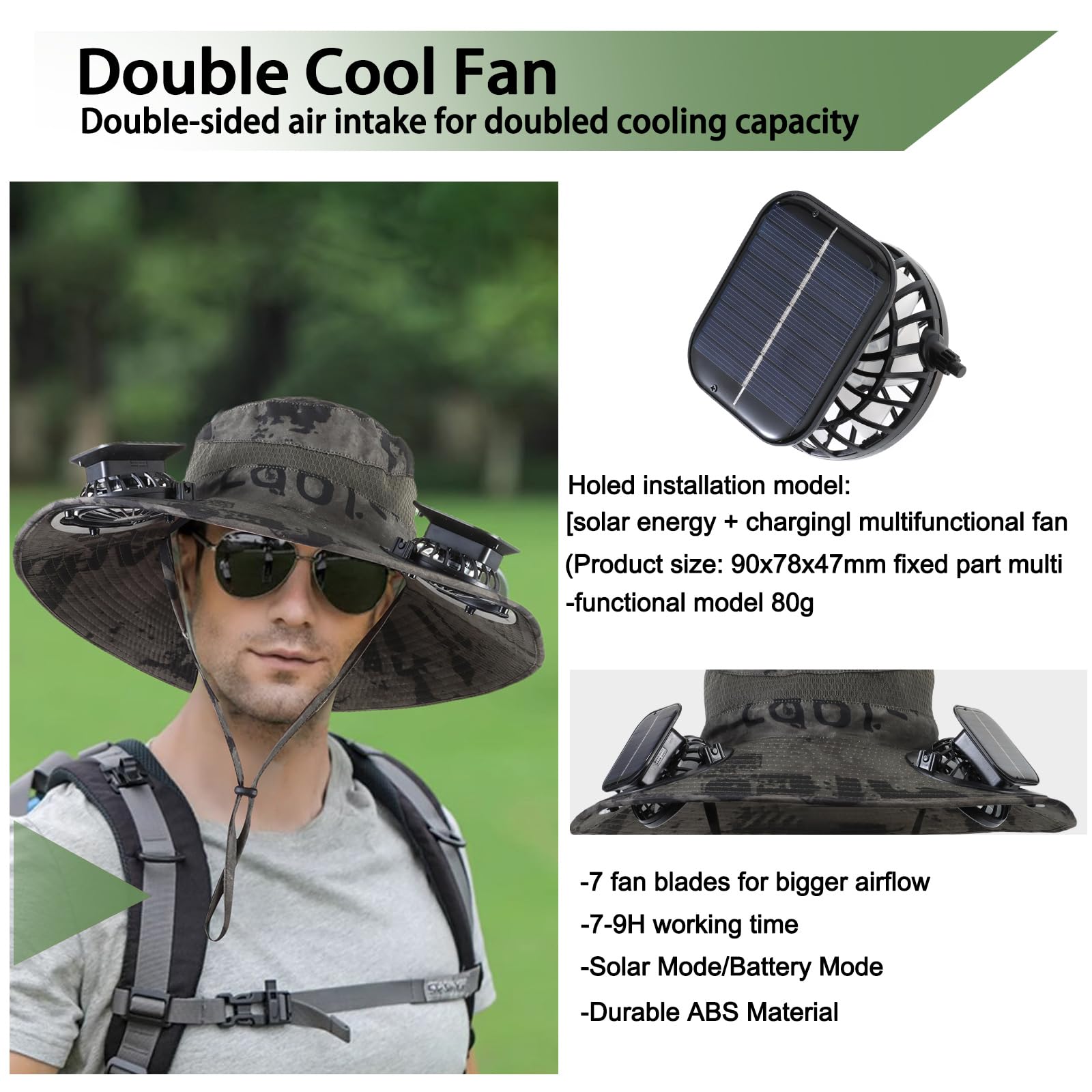 Cappello da pesca a tesa larga con ventaglio solare con 2 ventilatori solari UPF 50+, cappello da pescatore impermeabile traspirante