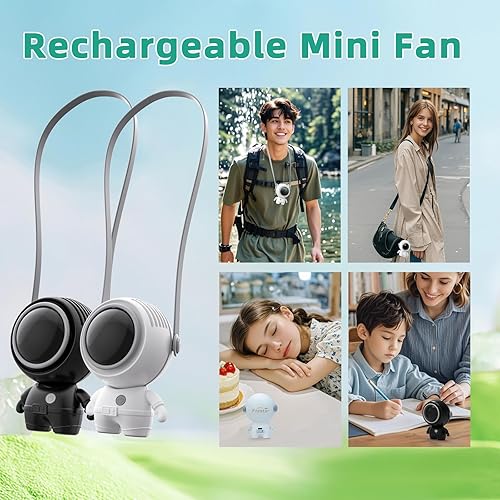 Miniatura 2 de Mini ventilador portátil con batería recargable USB, ventilador de cuello personal con diseño de astronauta para exteriores, oficina y escritorio