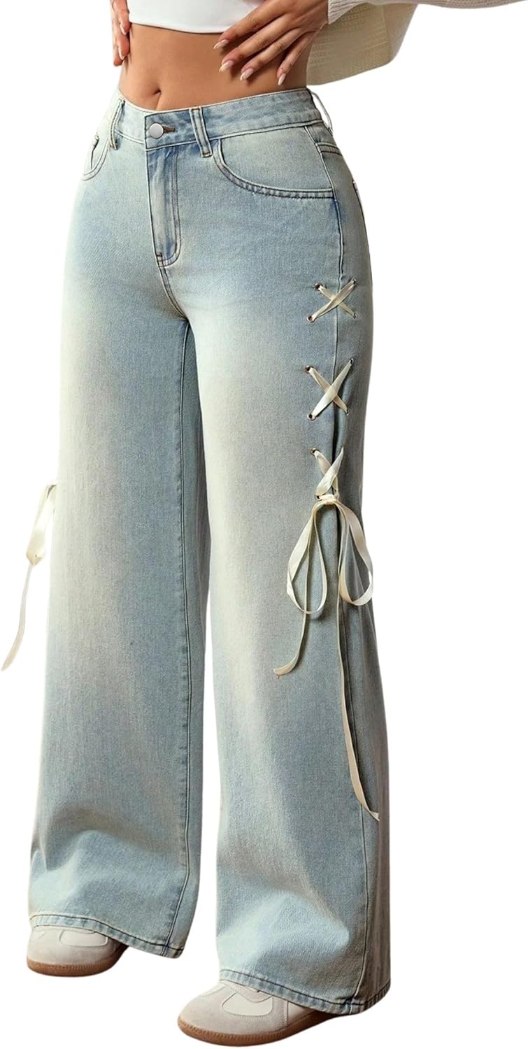 BAIMORE High-Waisted Lace-Up Side Denim Pants Trendy Casual Jeans with Adjustable Fit