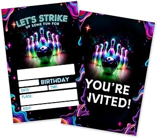 Strike Bowling Birthday Invitations, 25 Pcs Neon Bowl Party Invites Cards with Envelopes, Double-Sided Fillable, Birthday Invitations for Boys Girls, Birthday Party Supplies (4 x 6 Inch) -A02