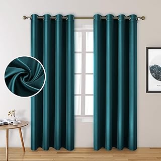 HOMEIDEAS 2 Panels Teal Faux Silk Blackout Curtains, 52 X 84 Inch Room D...