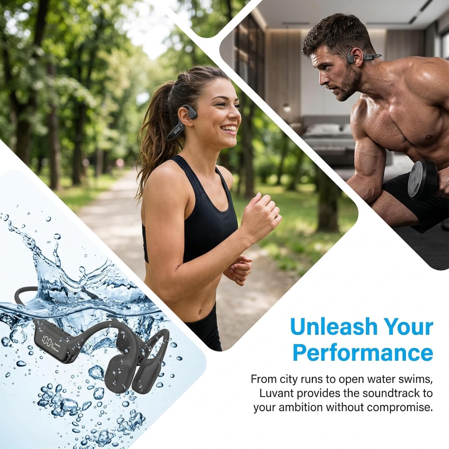Luvant Bone Conduction Headphones - 360° 3D Audio, 12H Battery Life & IPX8 Waterproof for Running, Swimming (B)