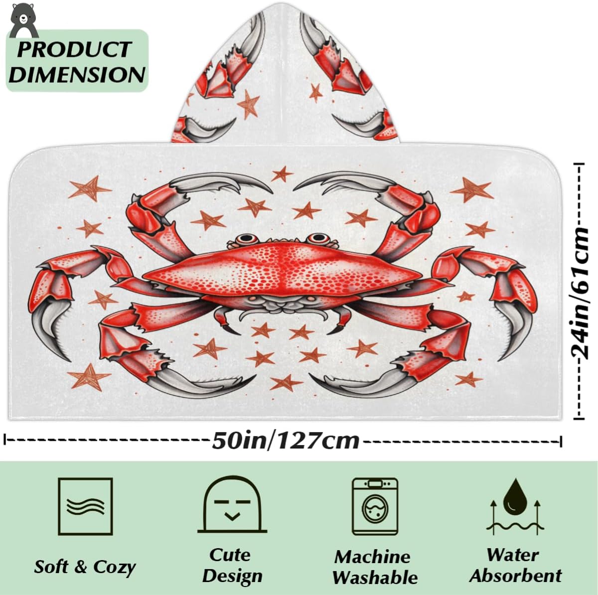 Pardick Kids Bath Towel Crab Star Beach Towel with Hood Pool Cover Up for Girls Boys Soft Absorbent Hooded Bath Towel Toddler Towels for Beach, Pool
