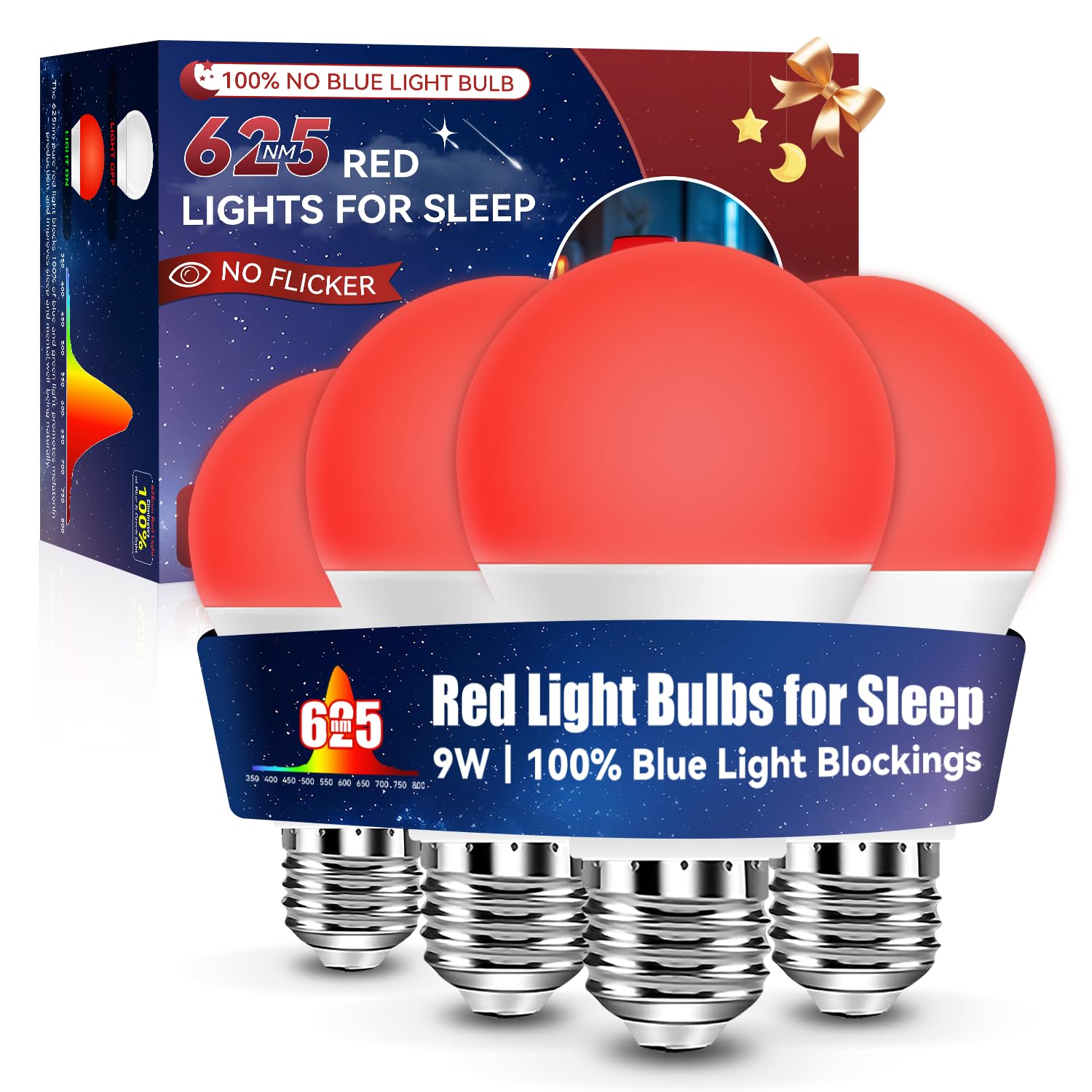 Neporal Red Light Bulbs for Sleep Aid—100% Blue Light Blocking—625nm 9W 4PK