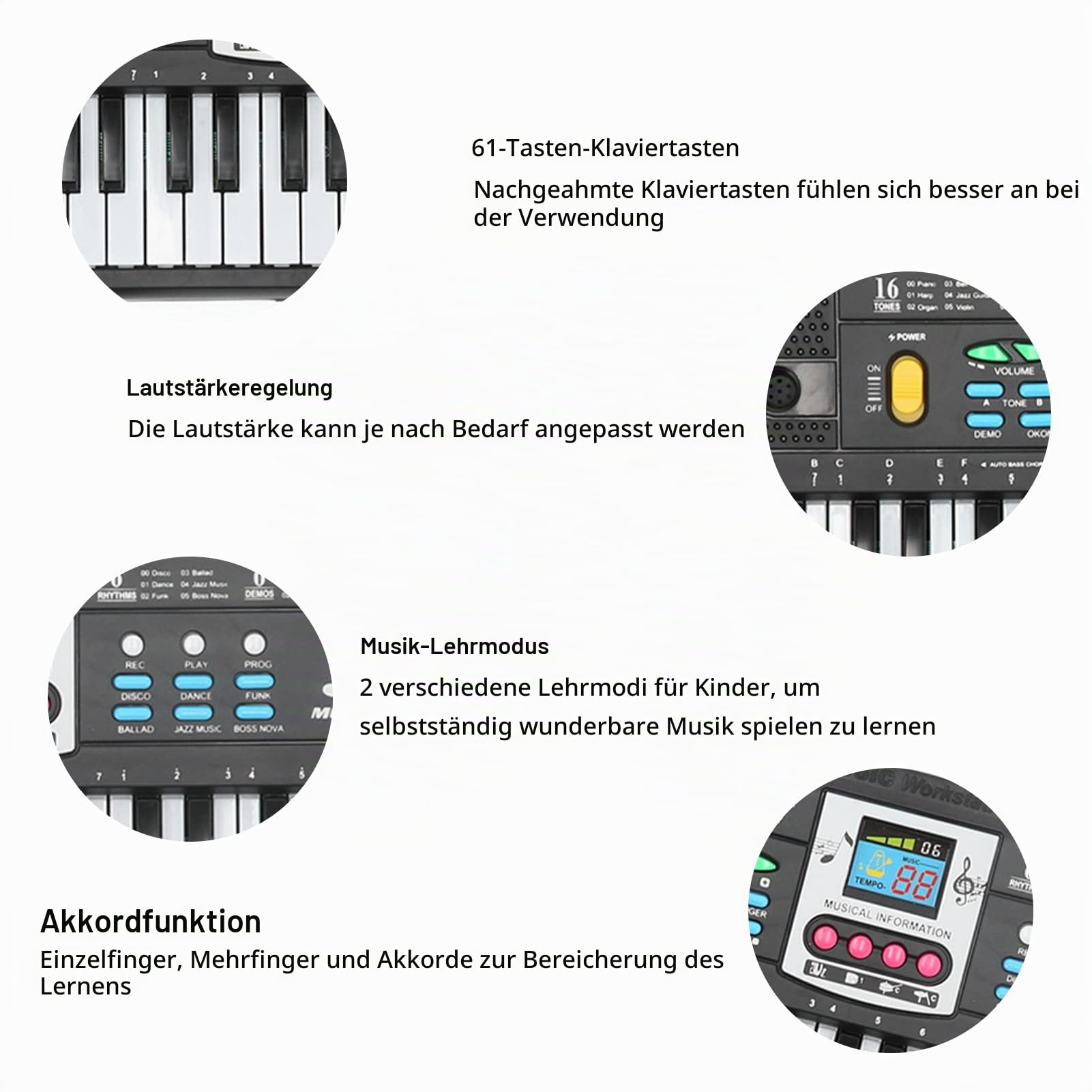 61 Tasten Mini Elektronisches Keyboard Schwarz | Tragbares Kinder Klavier Mit Mikrofon, 16 Klangfarben 6 Rhythmen Lernfunktion Aufnahme USB Stromversorgung Für Anfänger